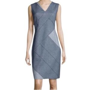 Elite Tahari Indigo Judith Patchwork Raw Hem Sheath Dress
